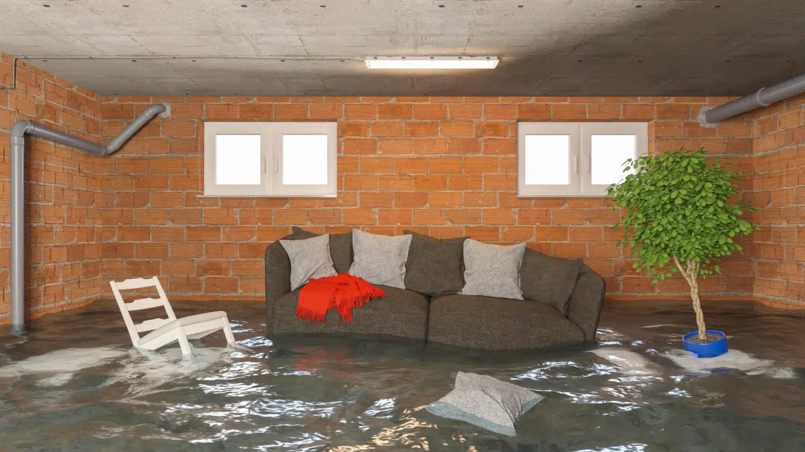 A couch and chairs float in a flooded room. 