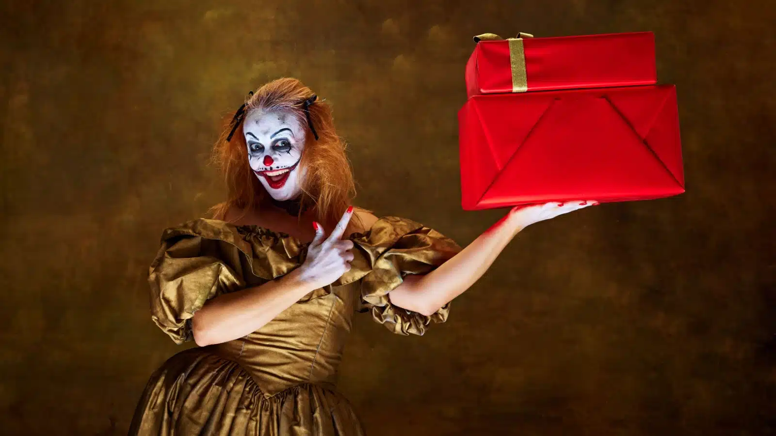 A scary clown holding mysterious wrapped presents to represent the best horror subscription box.