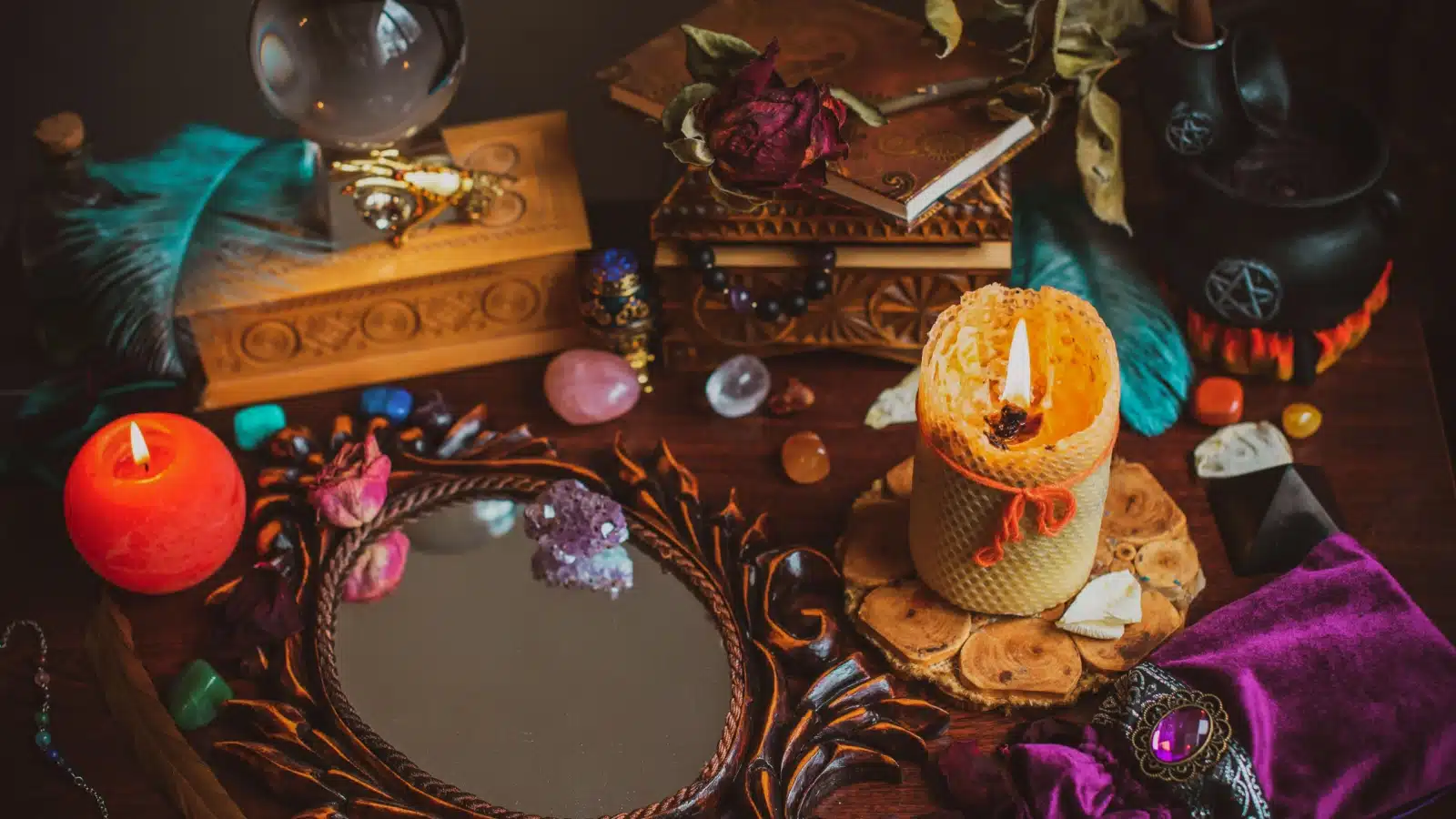 An altar with a wide variety of magic supplies for modern witchcraft.