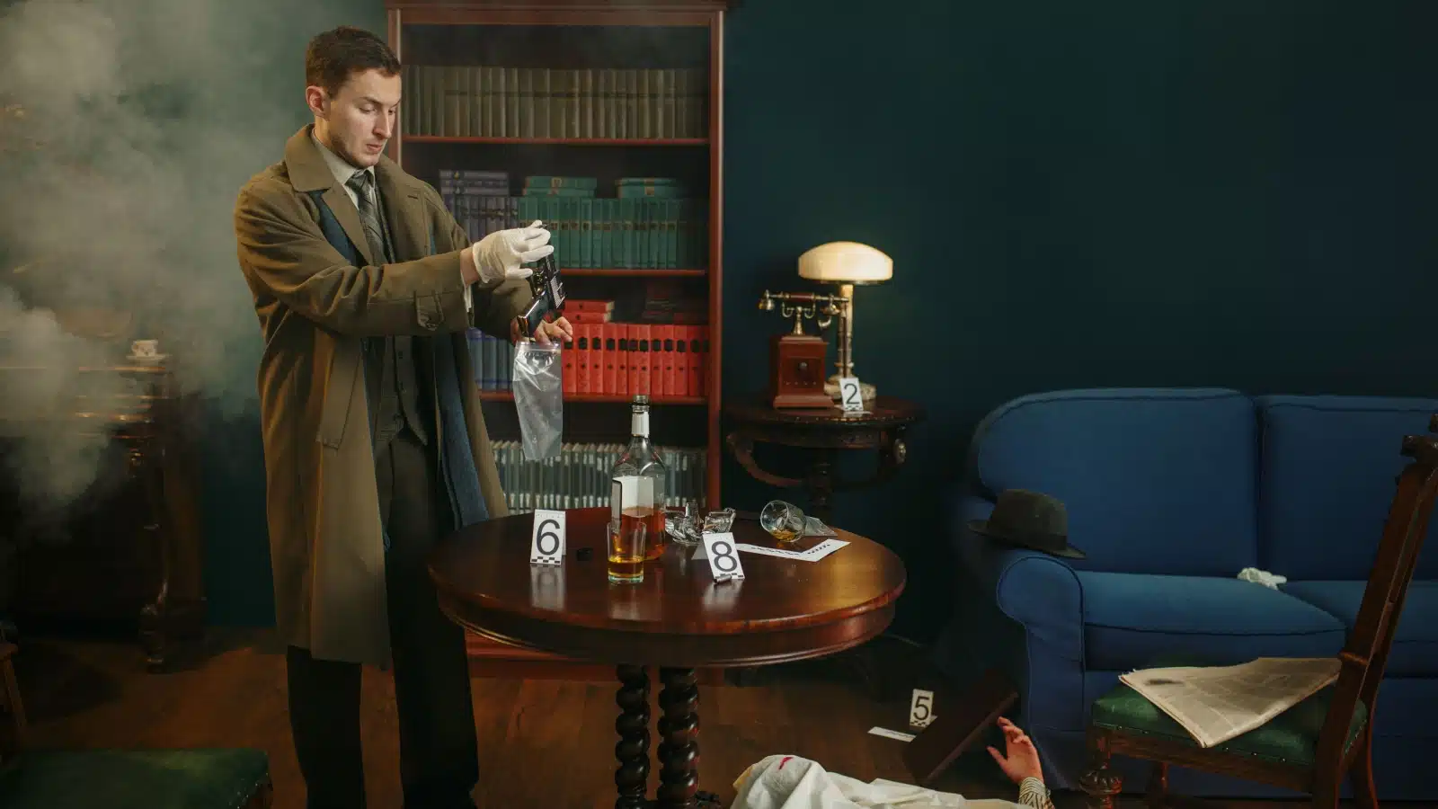A detective at a crime scene to represent the murder mystery subscription box games.