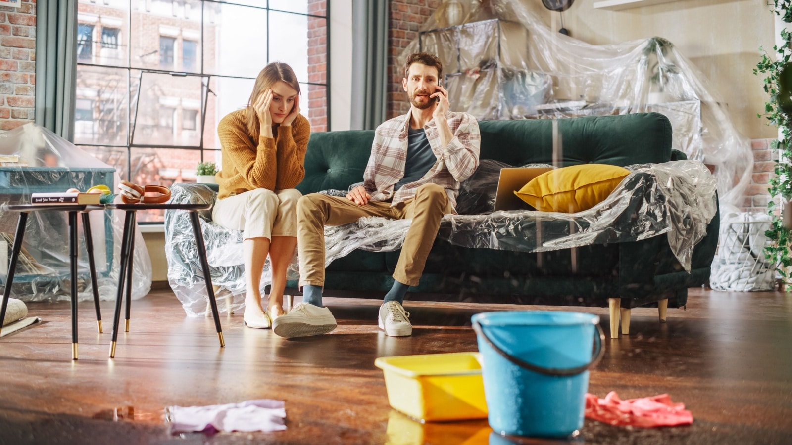 An upset couple sitting on the couch while their roof leaks, to represent real estate horror stories.