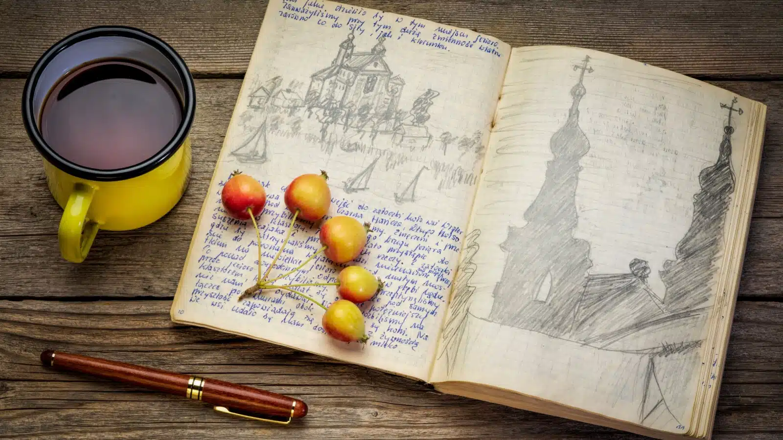 A travel art journal with sketches of buildings.