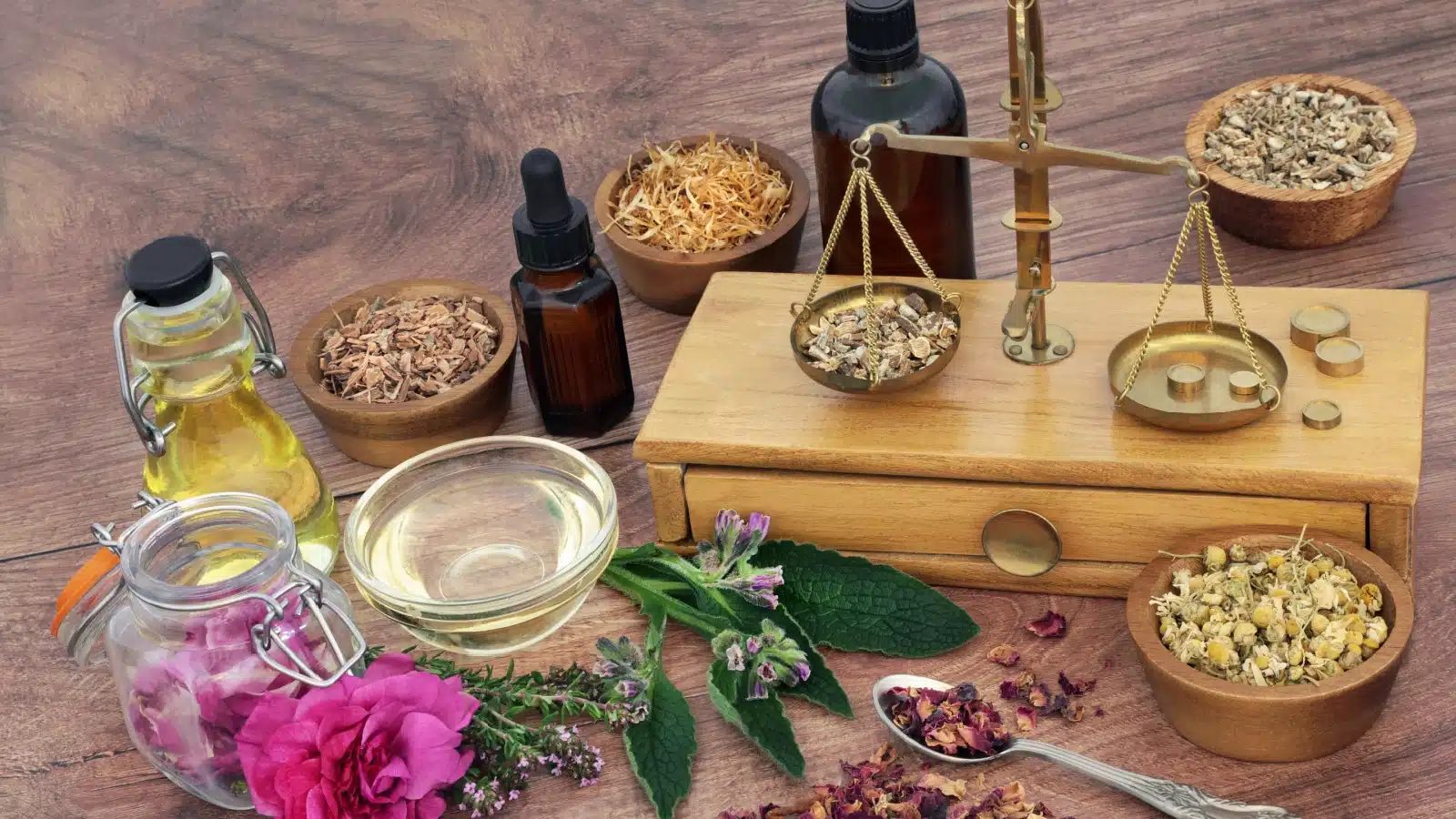 An assortment of herbs and oils to represent the ingredients witches use to make potions.