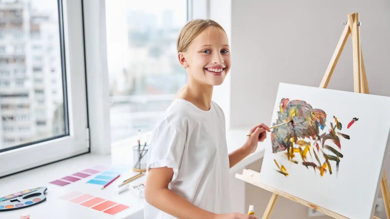 A smiling young girl works at her easel. She has ugly paint smeared on the canvas, but she's having a blast, to represent that anything worth doing is worth doing poorly.