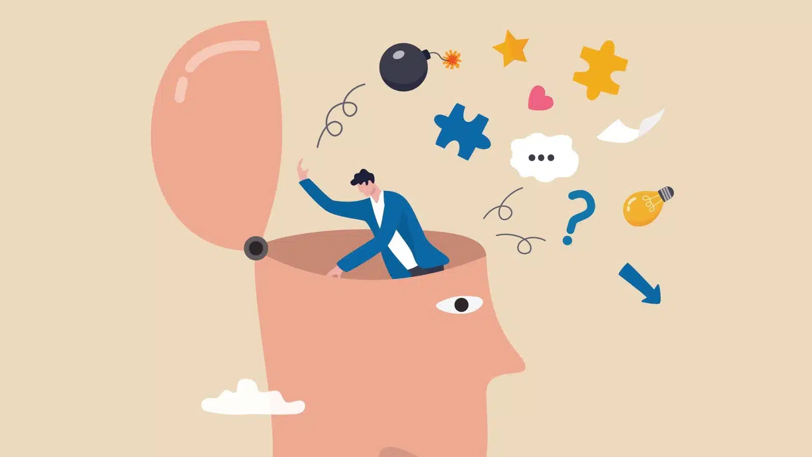 Graphic of a man inside a head, throwing junk out, to represent how an external mind can help you declutter your thoughts.