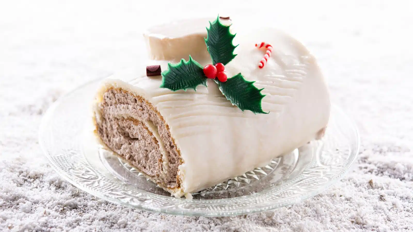 A white chocolate Christmas Yule log dessert.