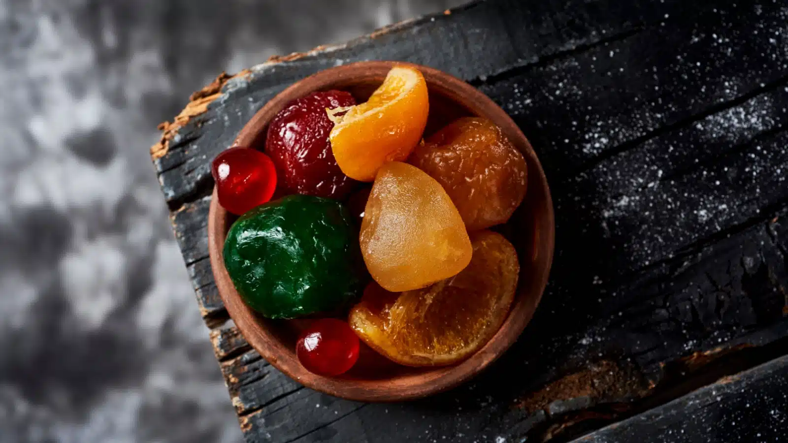 A bowl of candied fruit for Christmas.
