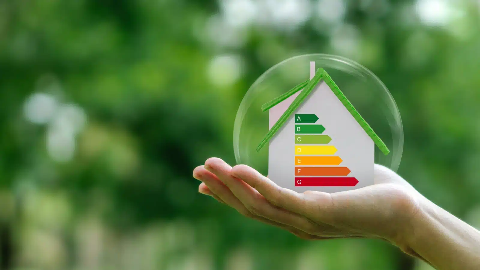 Energy conservation concept. A woman hold a model home with energy levels in a bubble, surrounded by greenery.