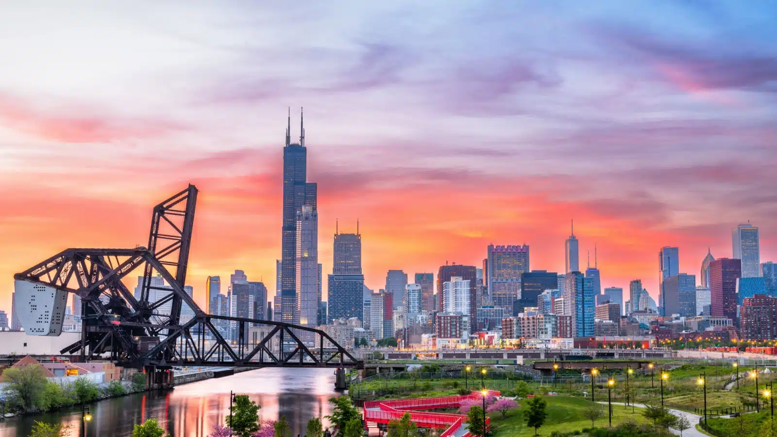 View of Chicago from the South near China Town at Twighlight in the Springtime.