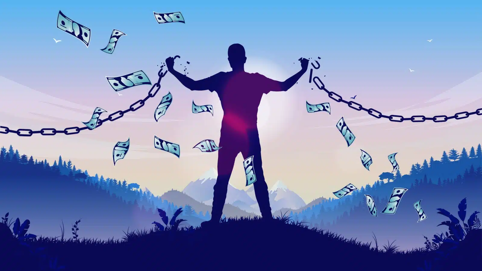 Illustration showing a silhouette of a man breaking chains with dollars floating in the air, to represent achieving financial freedom.