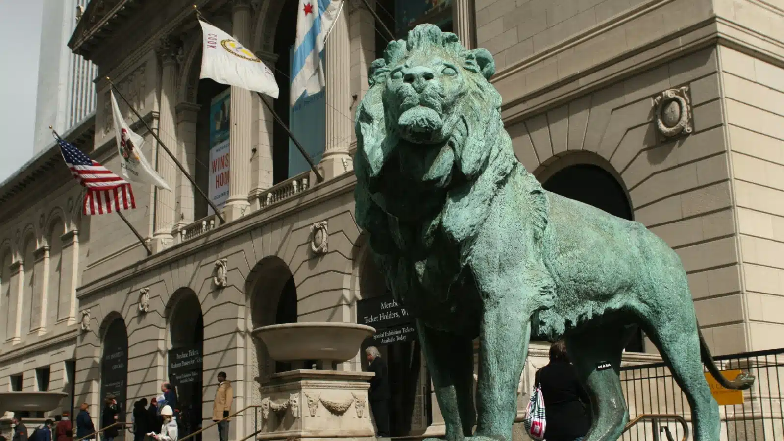 One of the iconic lions guarding the main entrance to the Art Institute of Chicago.