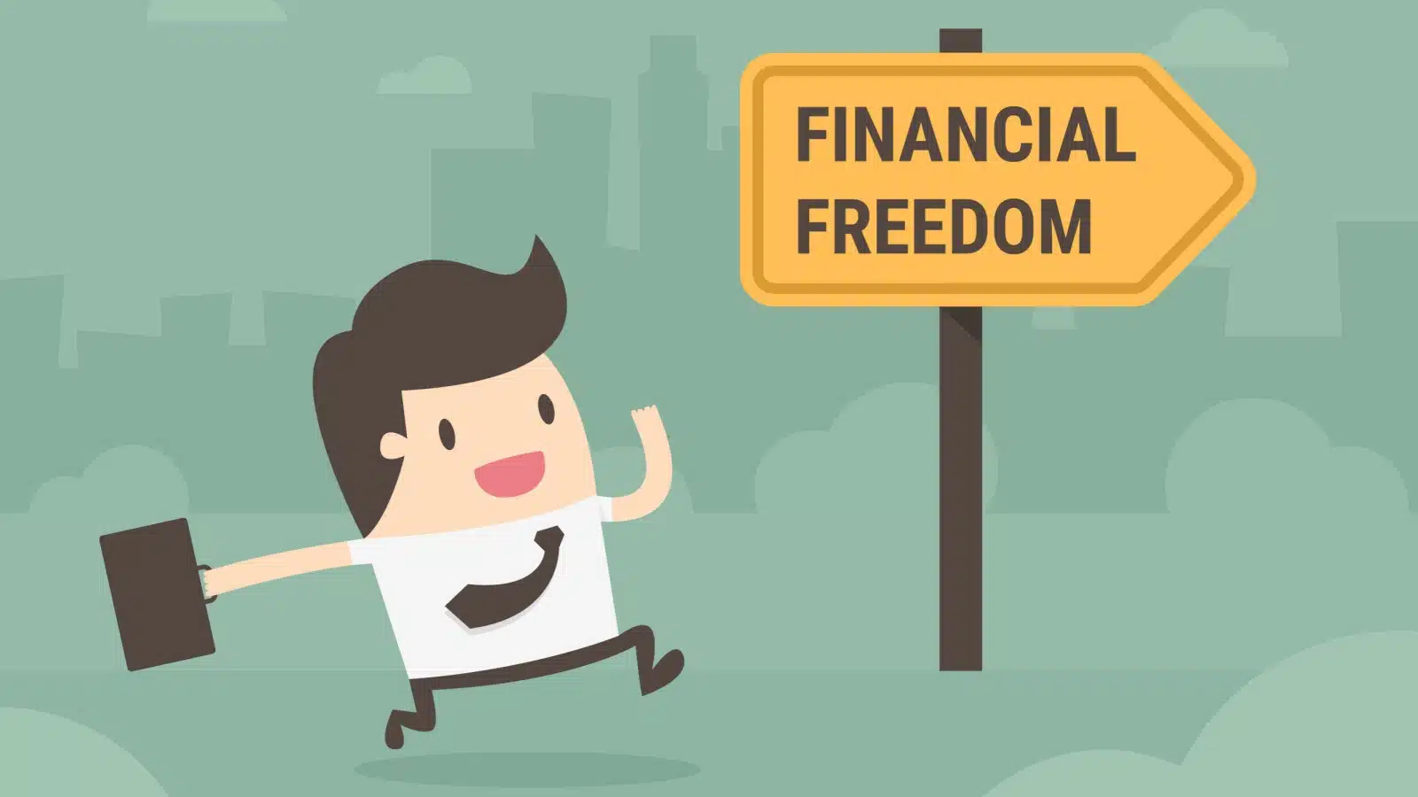 Illustration of a happy man following a sign toward financial freedom.