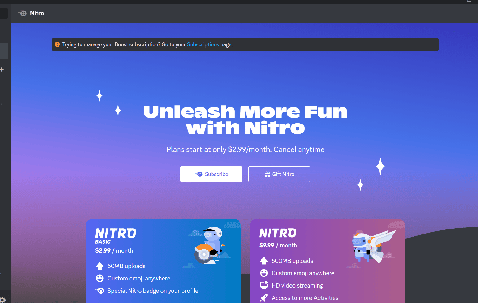 Screenshot showing where you click to manage subscriptions in the Discord app