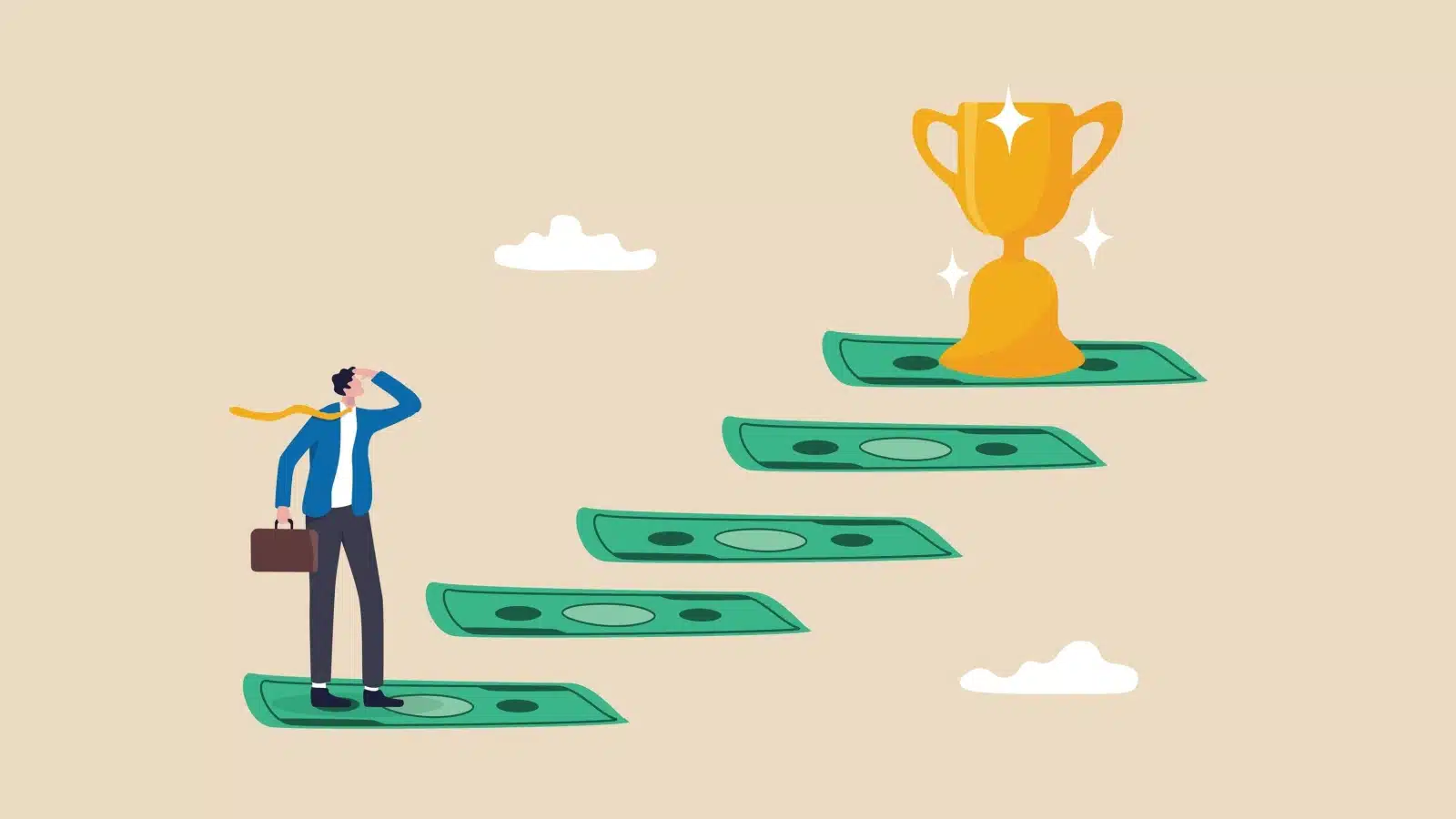 Illustration showing dollar bills as steps to the ultimate trophy of financial independence.