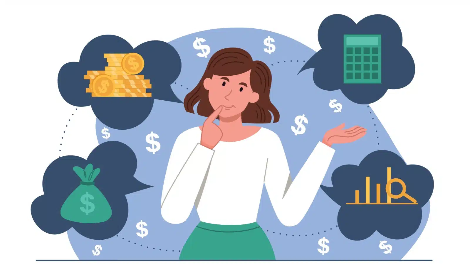 A graphic showcasing a woman thinking about her finances, trying to decide which investments to choose.