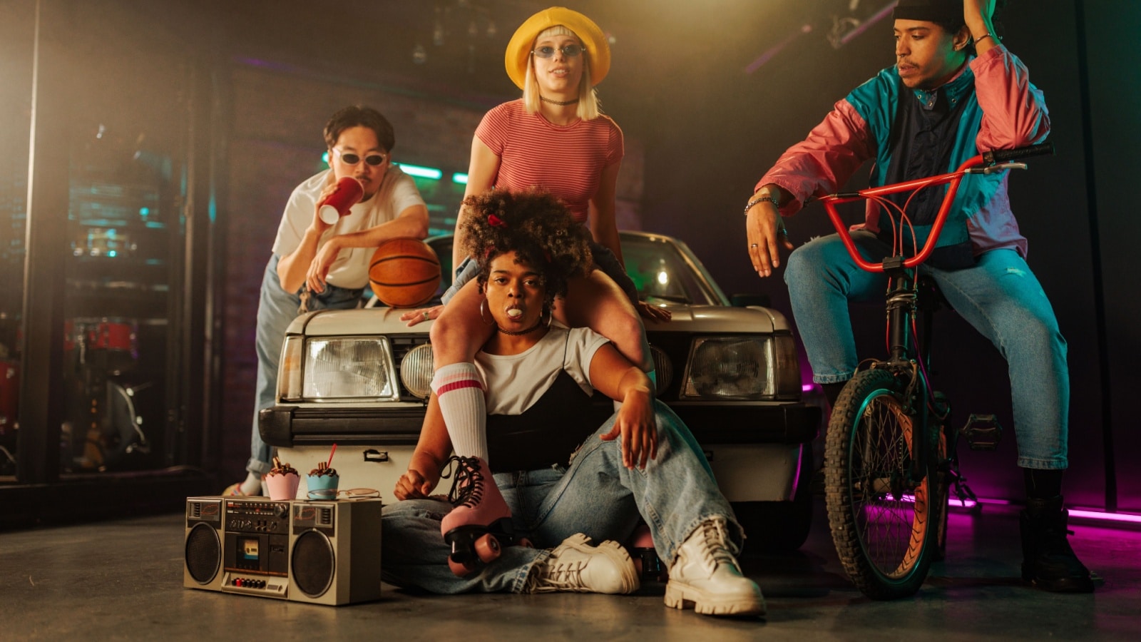 A group of cool-looking teenagers with an 80's/early '90s aesthetic to represent what used to be cool.
