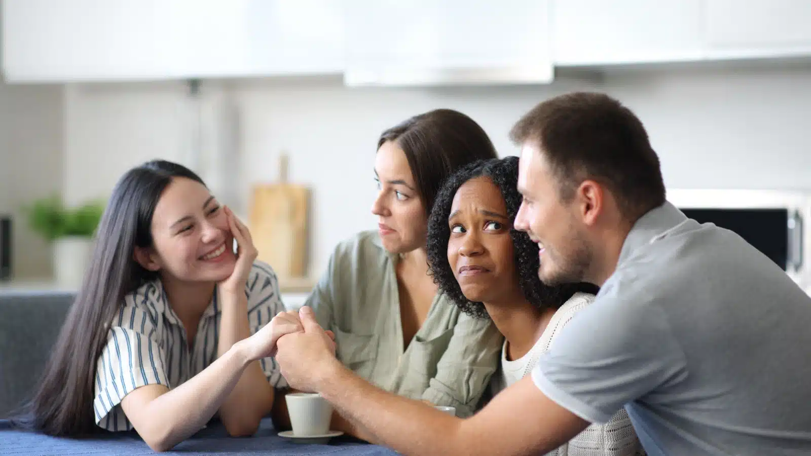A couple flirts from across the table, making everyone in between really uncomfortable. 