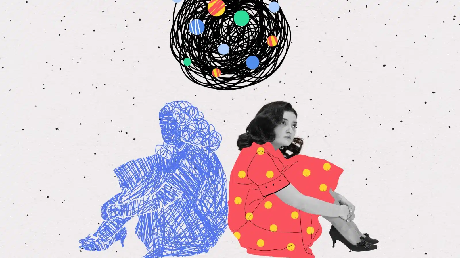 Illustration of a young girl sitting back to back with the turmoil of her inner self, trying to find harmony, to represent how shadow work can help.