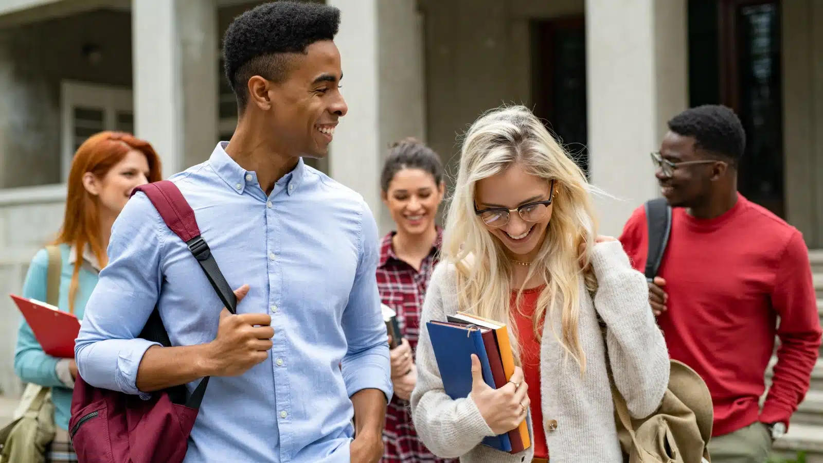 A group of college students walking together after class, making new friends. 