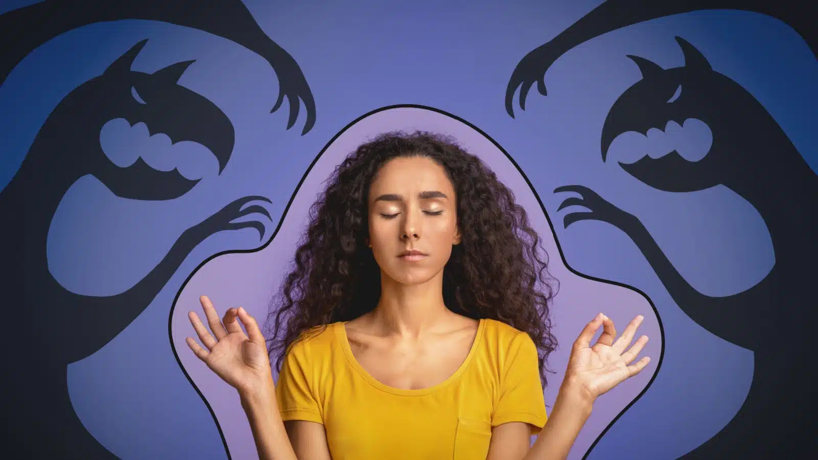 Concept art to represent overcoming your fears. A woman mediates, blocking out the scary figures trying to get to her. 