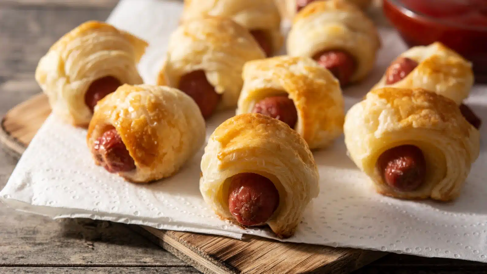 A plate of pigs in a blanket, a quintessential party snack.