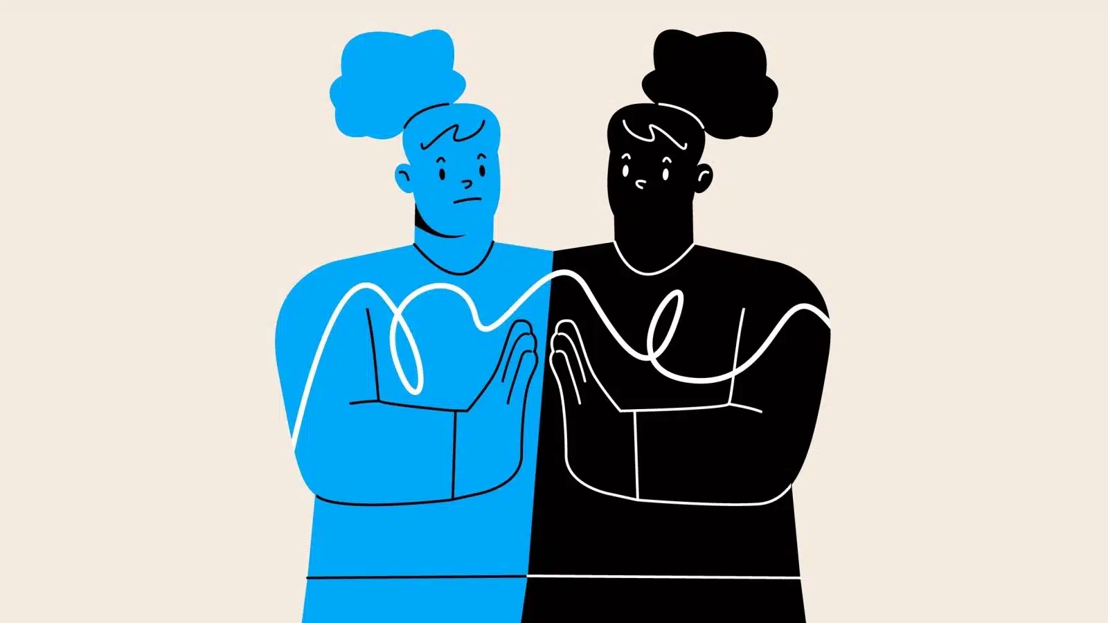 A cartoon blue person stands next to their dark cartoon shadow self, trying to understand it.