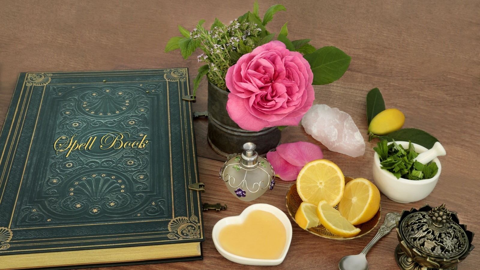 A spell book along with ingredients to represent casting a spell.