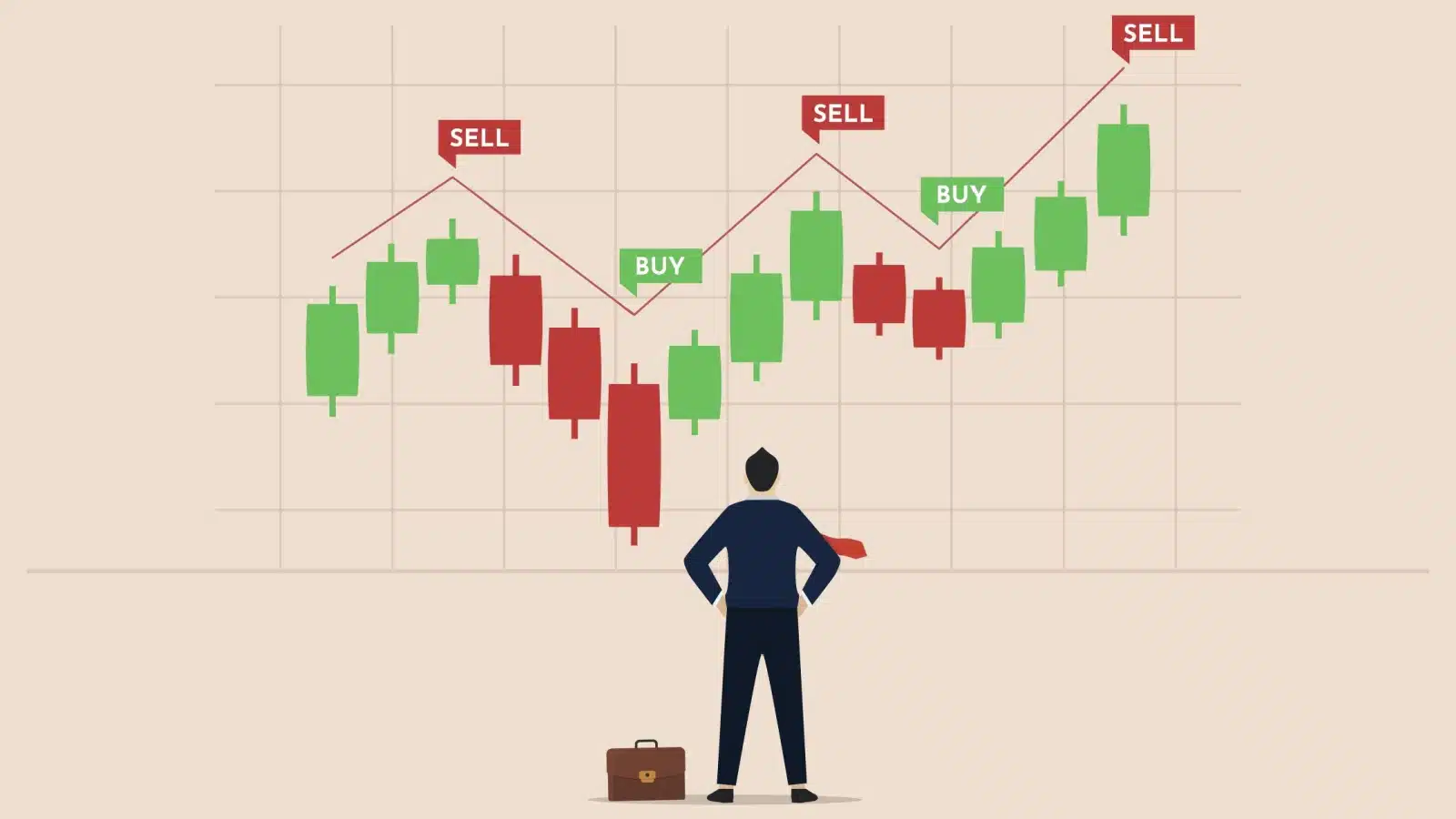 Illustration of a business man looking at a massive stock chart with highs and lows, deciding when to buy and sell.
