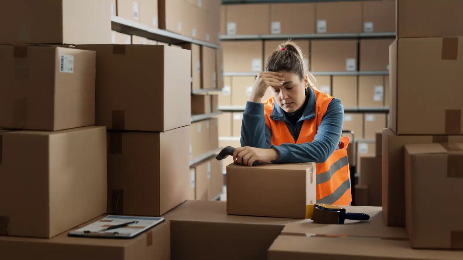 Why aren't more people following their dreams? Because they have to work boring, terrible jobs, like this exhausted woman working in a warehouse surrounded by boxes.