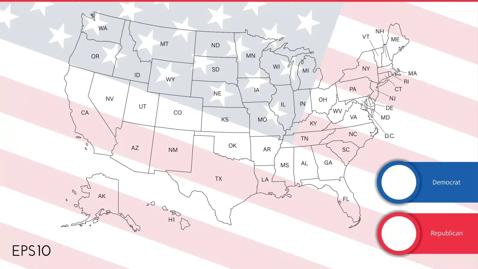A blank US elections result map on an American flag background.