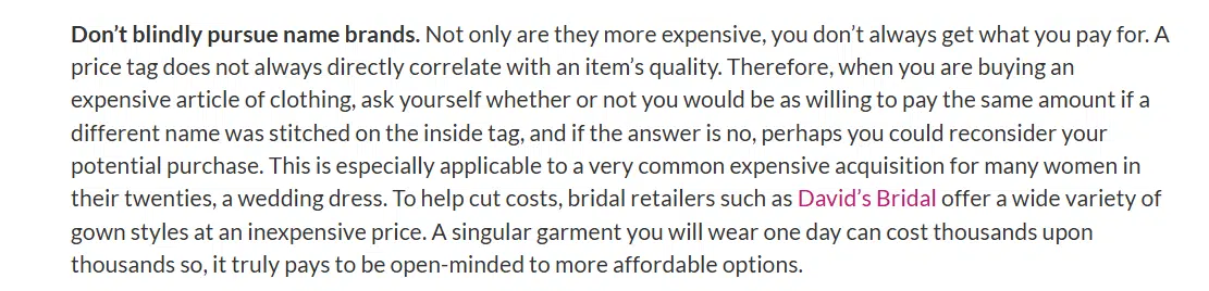 Screenshot of the article advising women to avoid name brands.