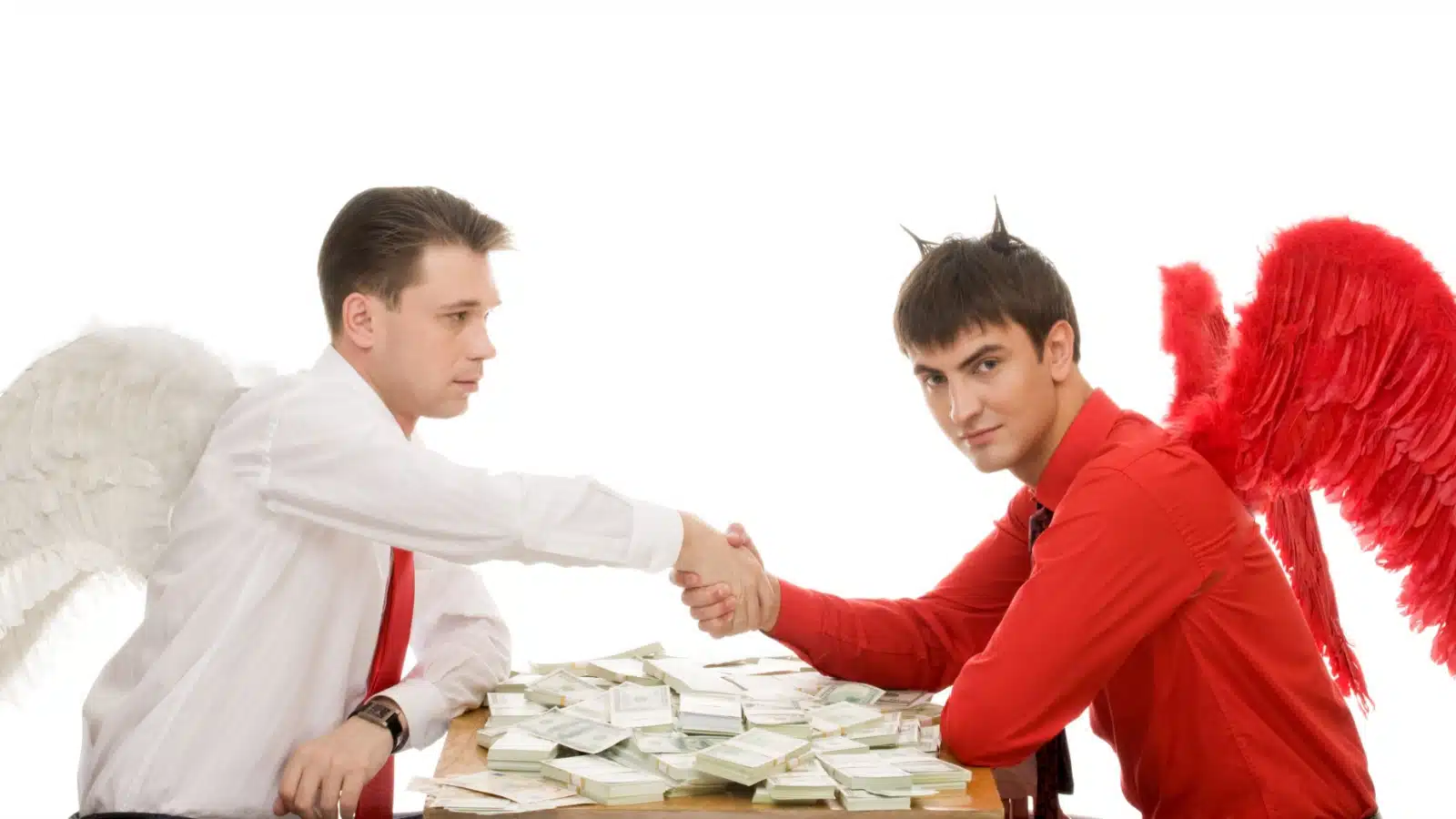 An angel and a devil make a deal over a big pile of money to represent the good idea fairy in action.