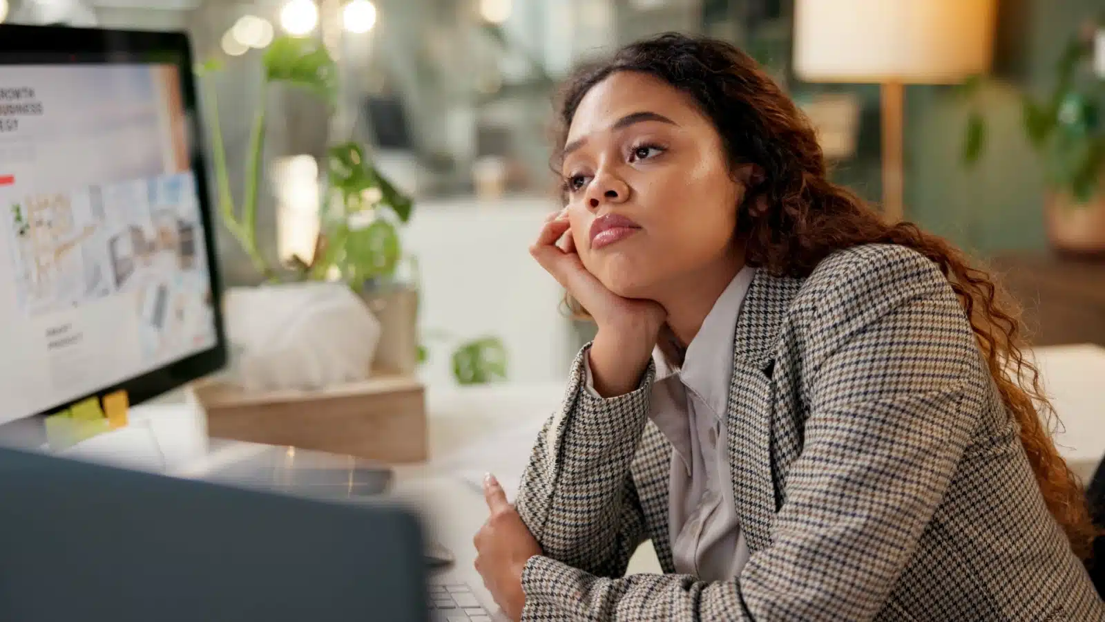 A bored looking woman looks at her computer screen as if she's annoyed with what she's reading.