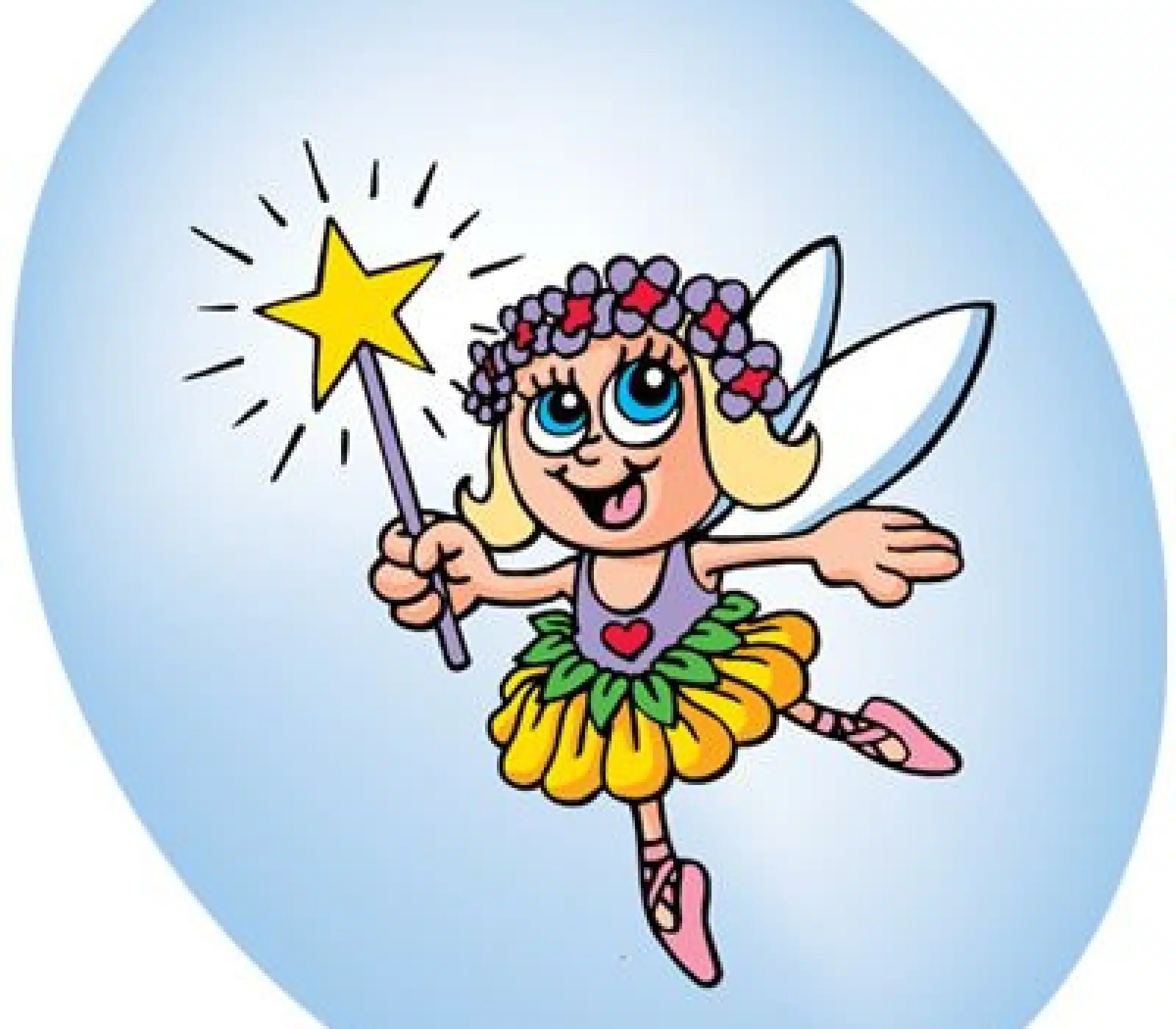 A happy, slightly silly looking, cartoon fairy.