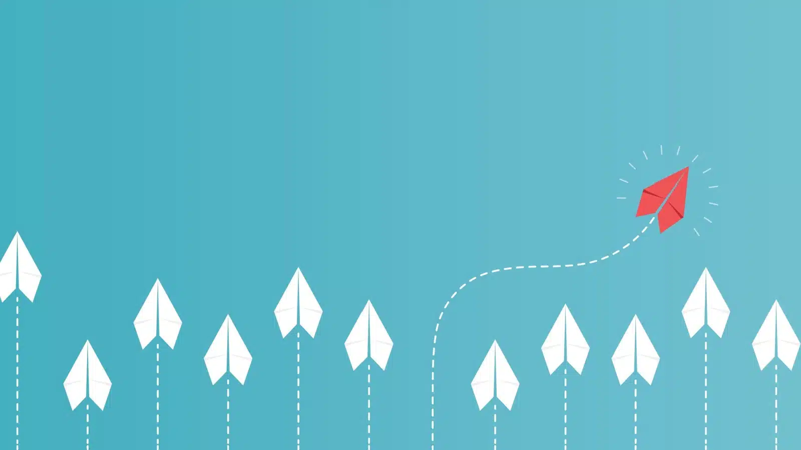 Graphic showing one red paper airplane doing it's own thing among a group of white paper airplanes conforming. 