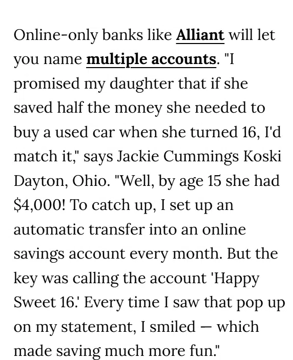 Screenshot of financial advice for women telling women to name their bank accounts.