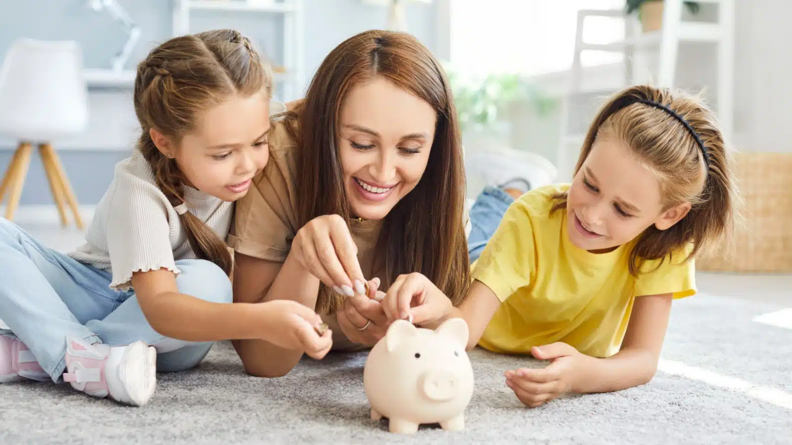A mom teaching her kids to save with a piggy bank to represent financial lessons to learn from your mother.