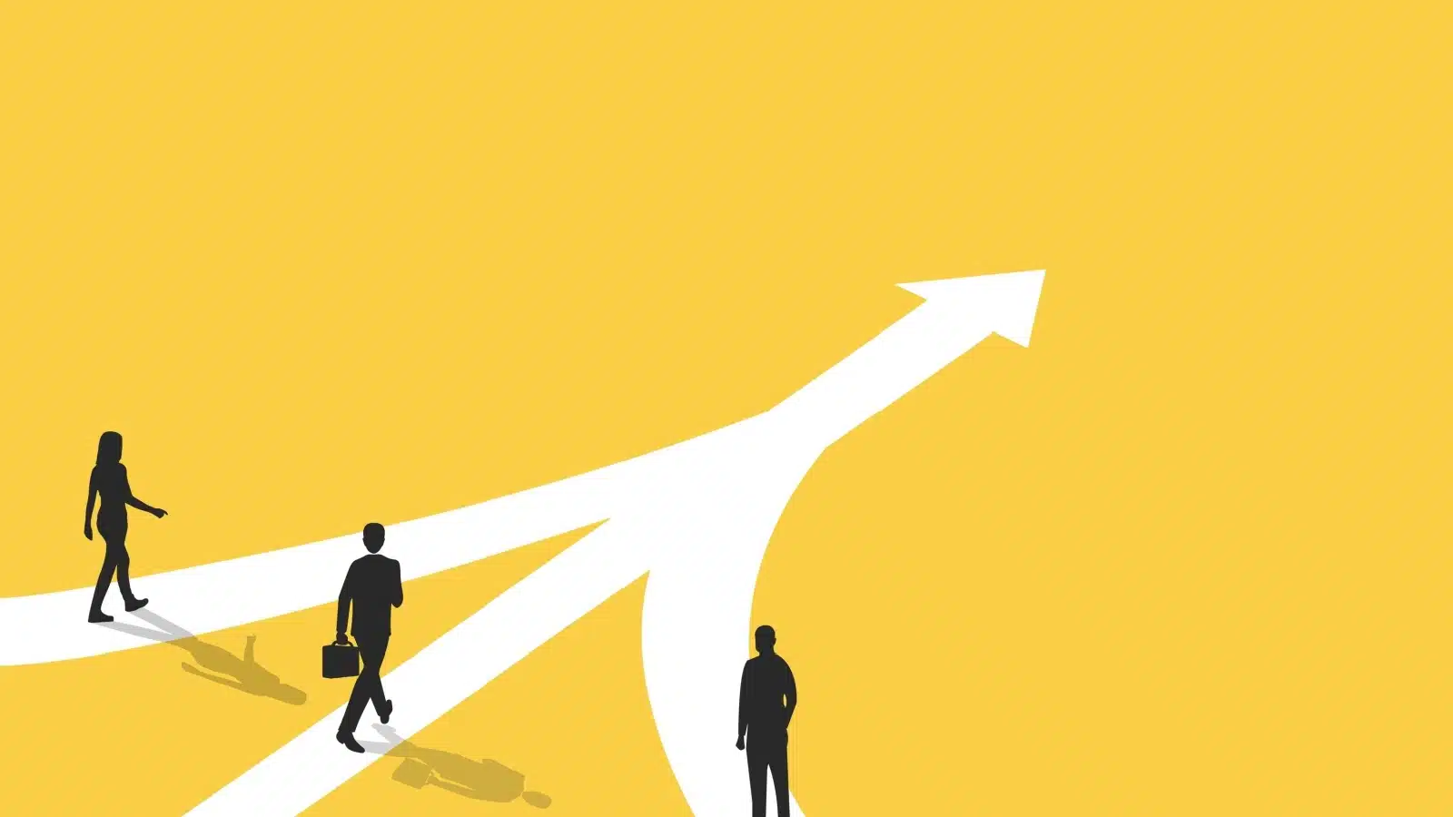 Graphic showing three people on different paths, all converging toward the same life script. 