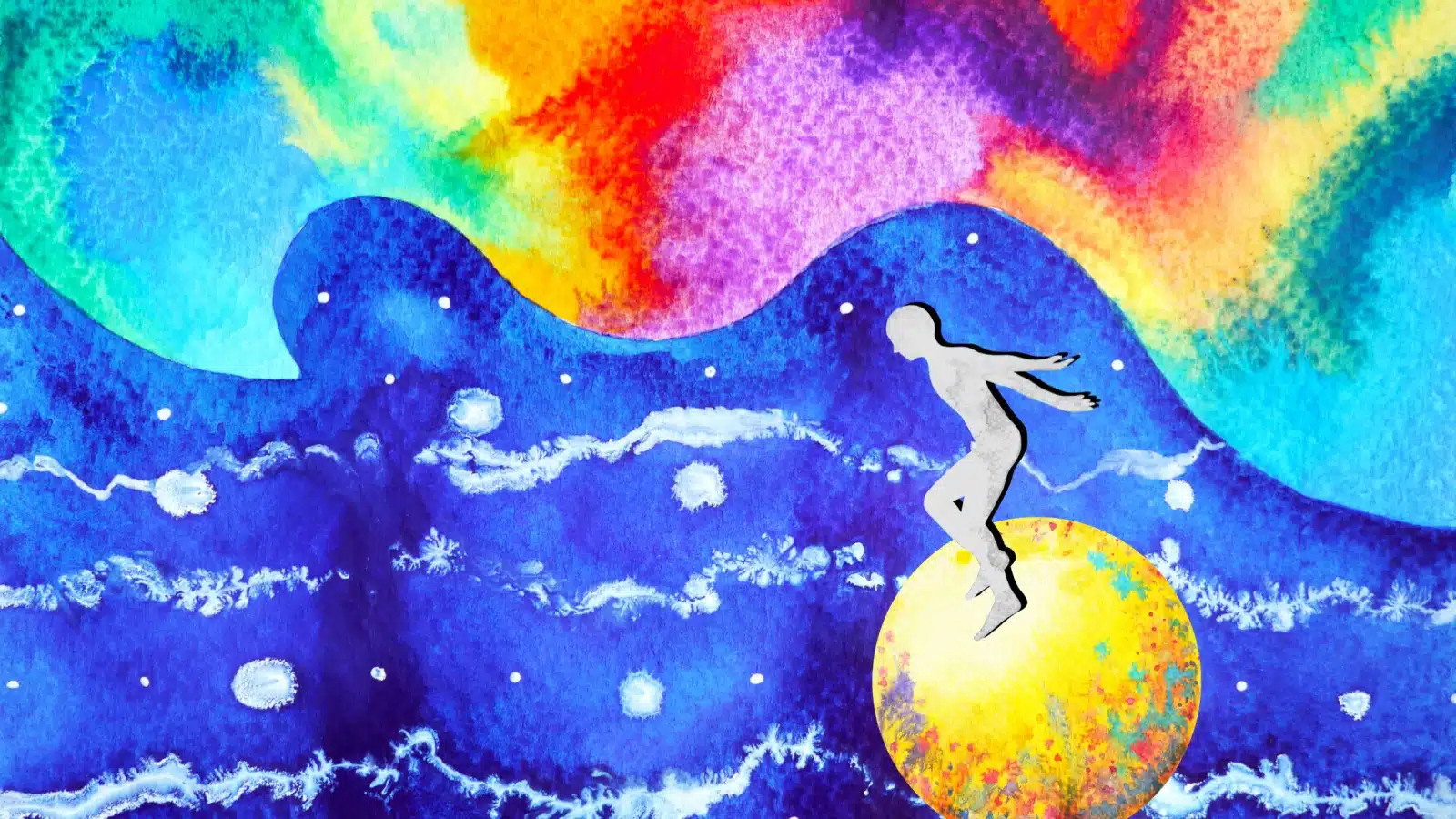 Colorful illustration of a free spirited person balancing on a ball, navigating life. The blue represents society, while the colorful rainbow above represents the free spirit.