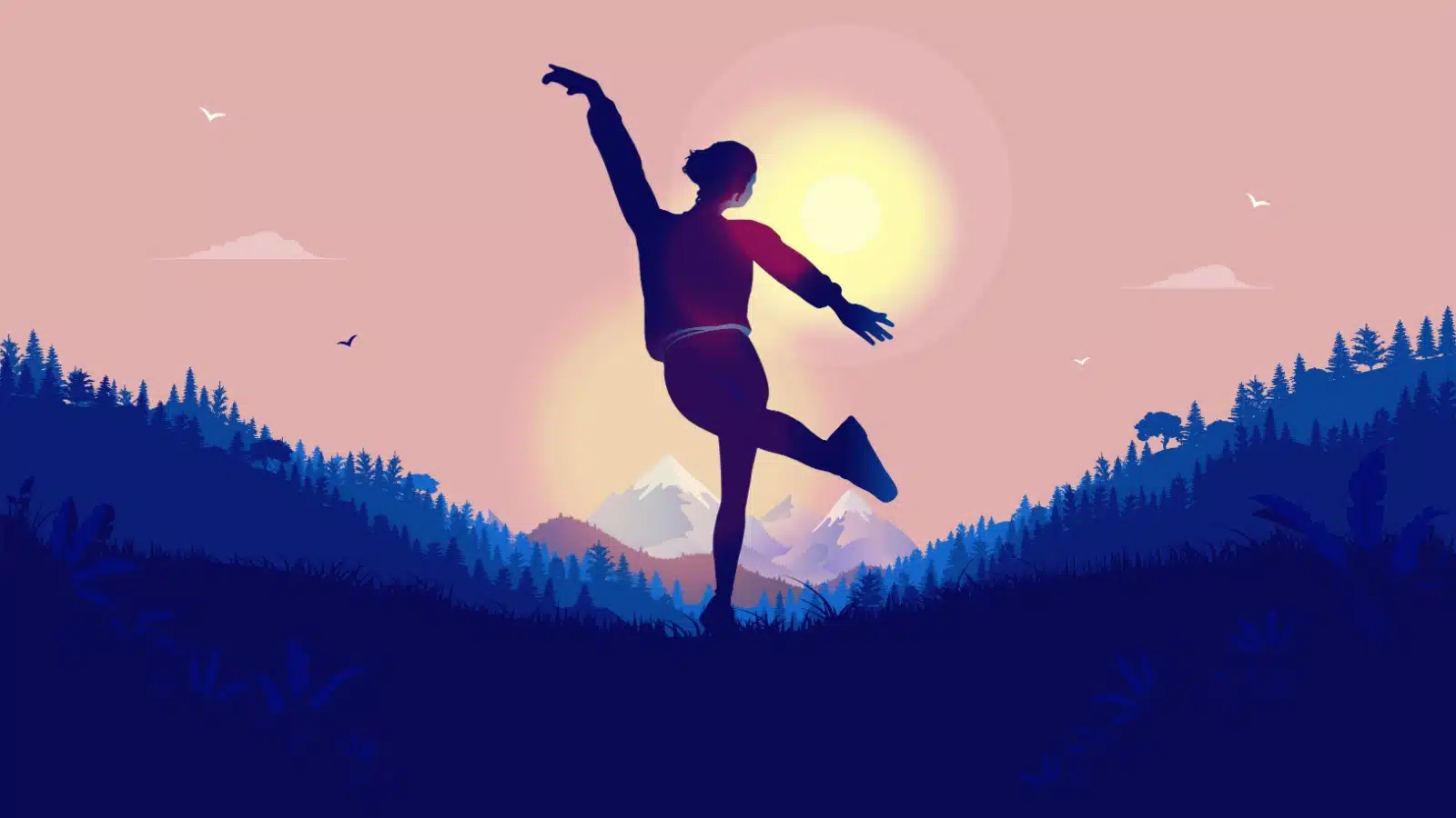 Illustration of a free spirited person dancing in nature.