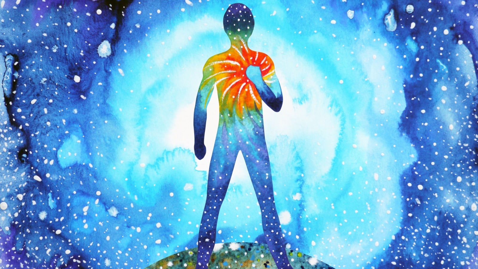 Colorful representation of a free spirit. A human stands in a sea of blue as a colorful burst of orange and yellow come from his heart, representing his free spirit.