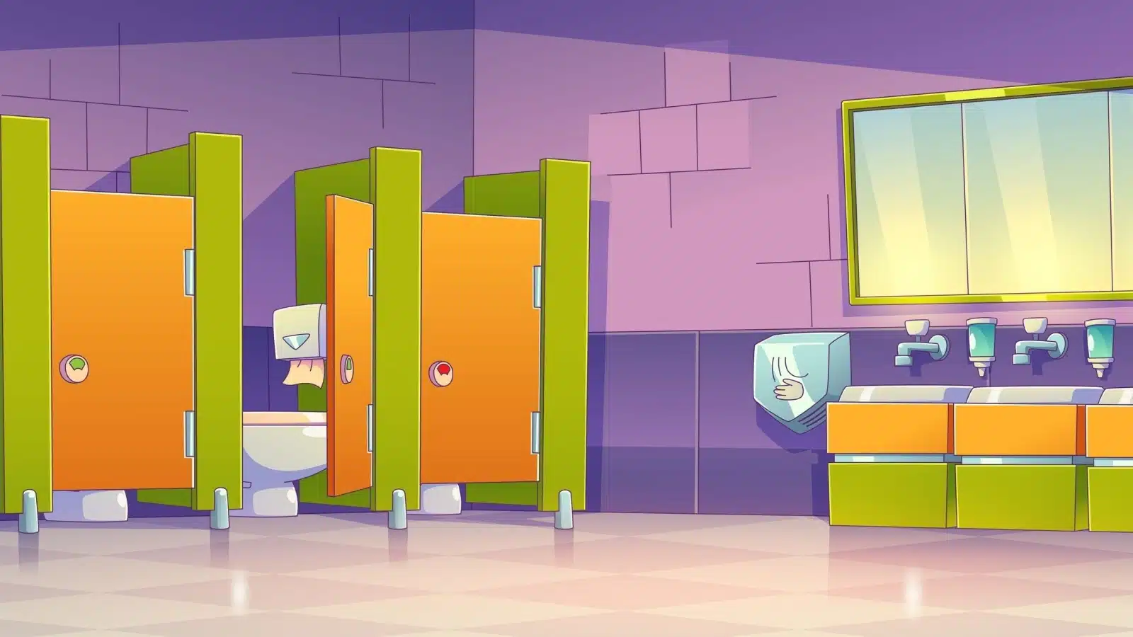 Cartoon illustration of a public restroom in America.