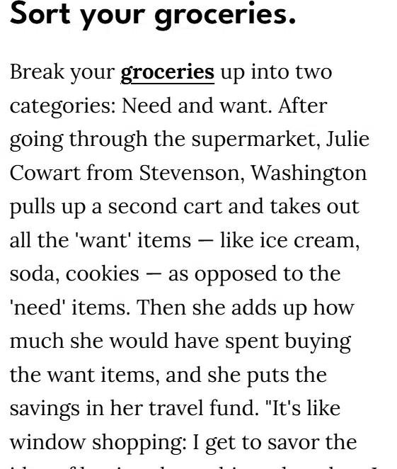 Screenshot of article on financial advice for women telling women to sort their groceries.