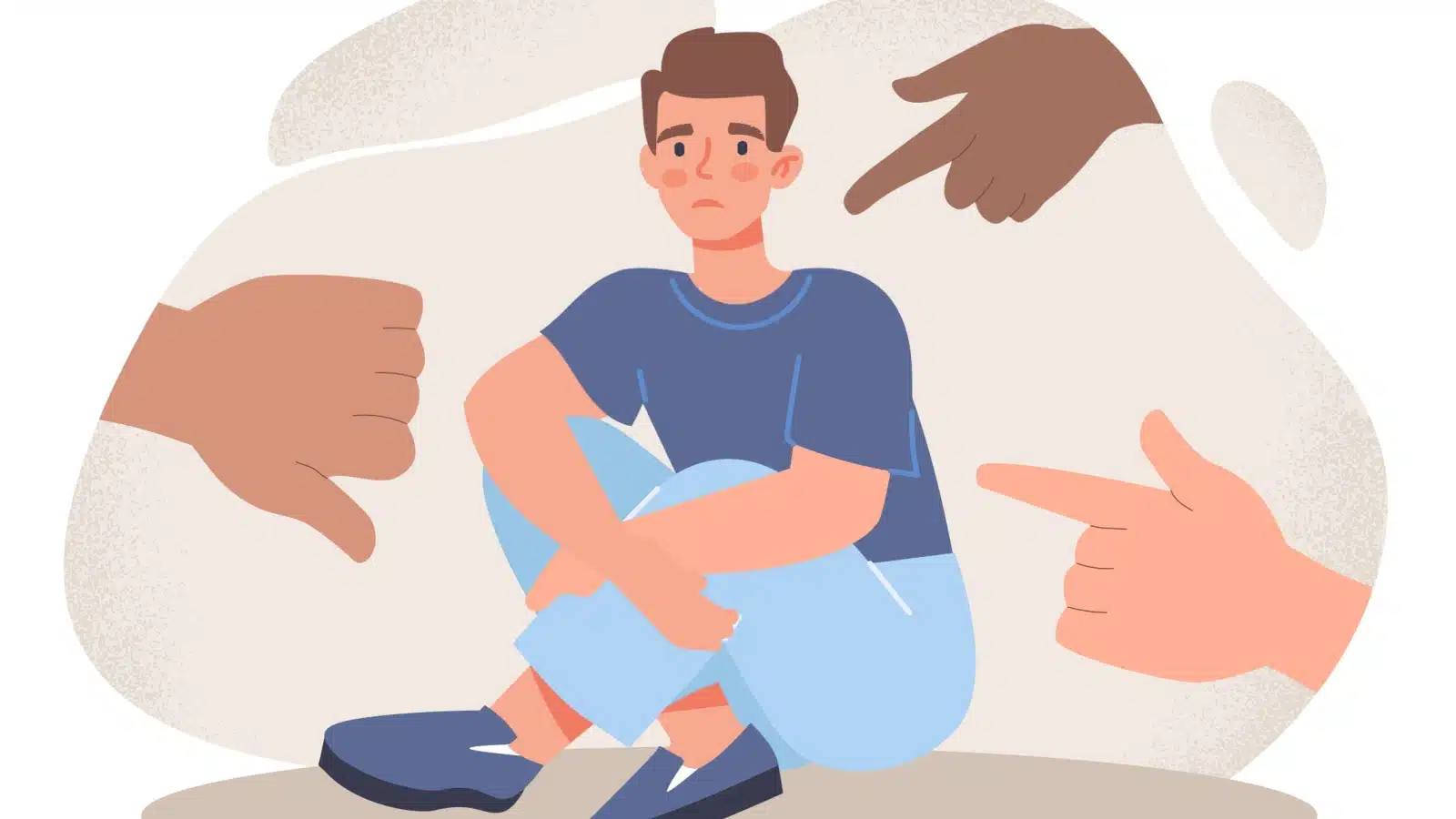 A graphic featuring a sad man sitting while giant hands point fingers at him, shaming him.