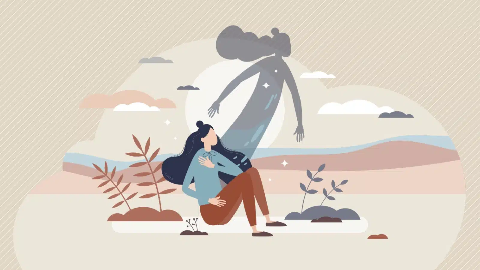 Illustration of a woman's spirit rising above her to enjoy life, answering the question "what is a free spirit?"