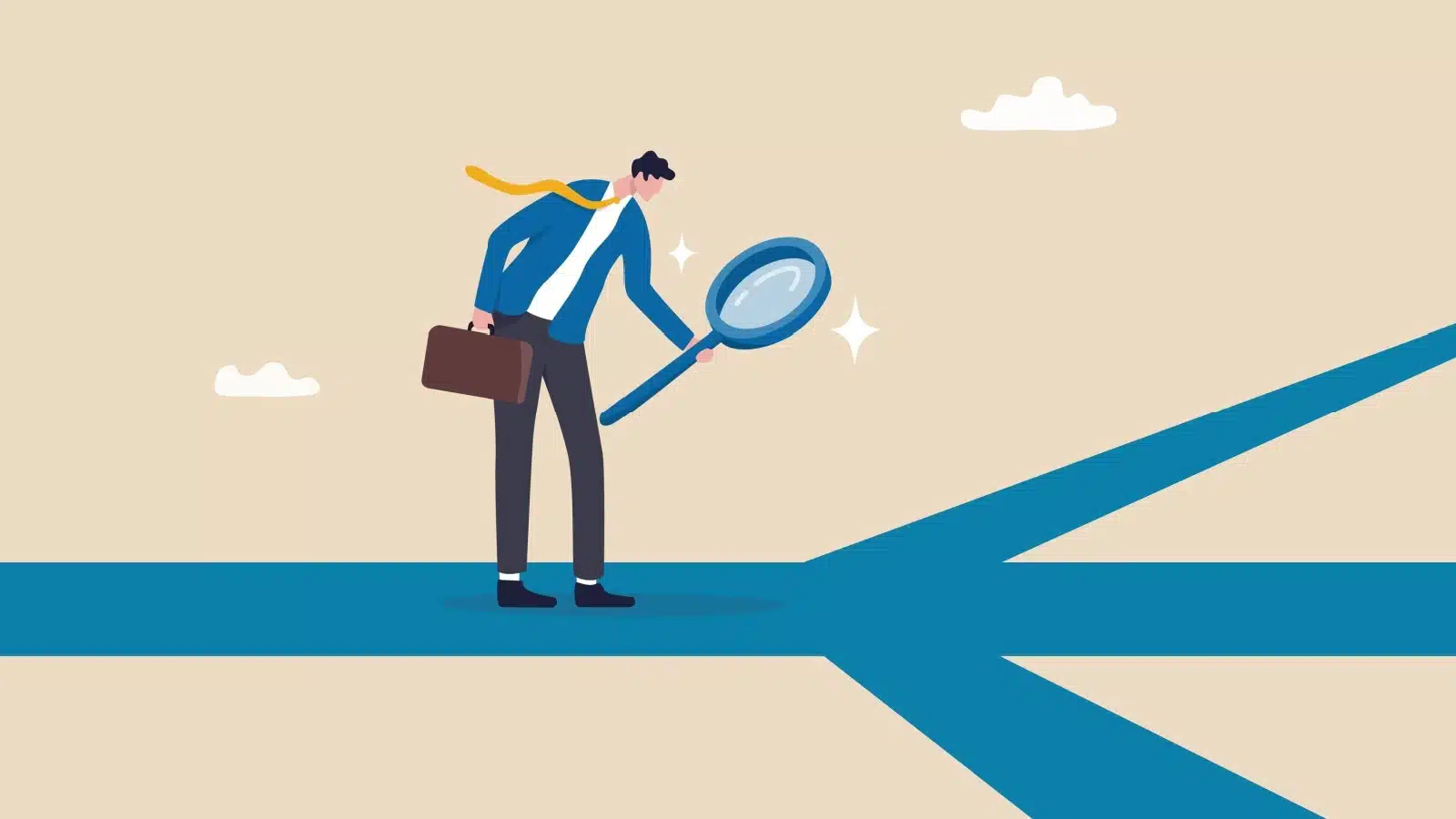 Graphic of a man standing at a crossroad deciding which of three paths to take. 