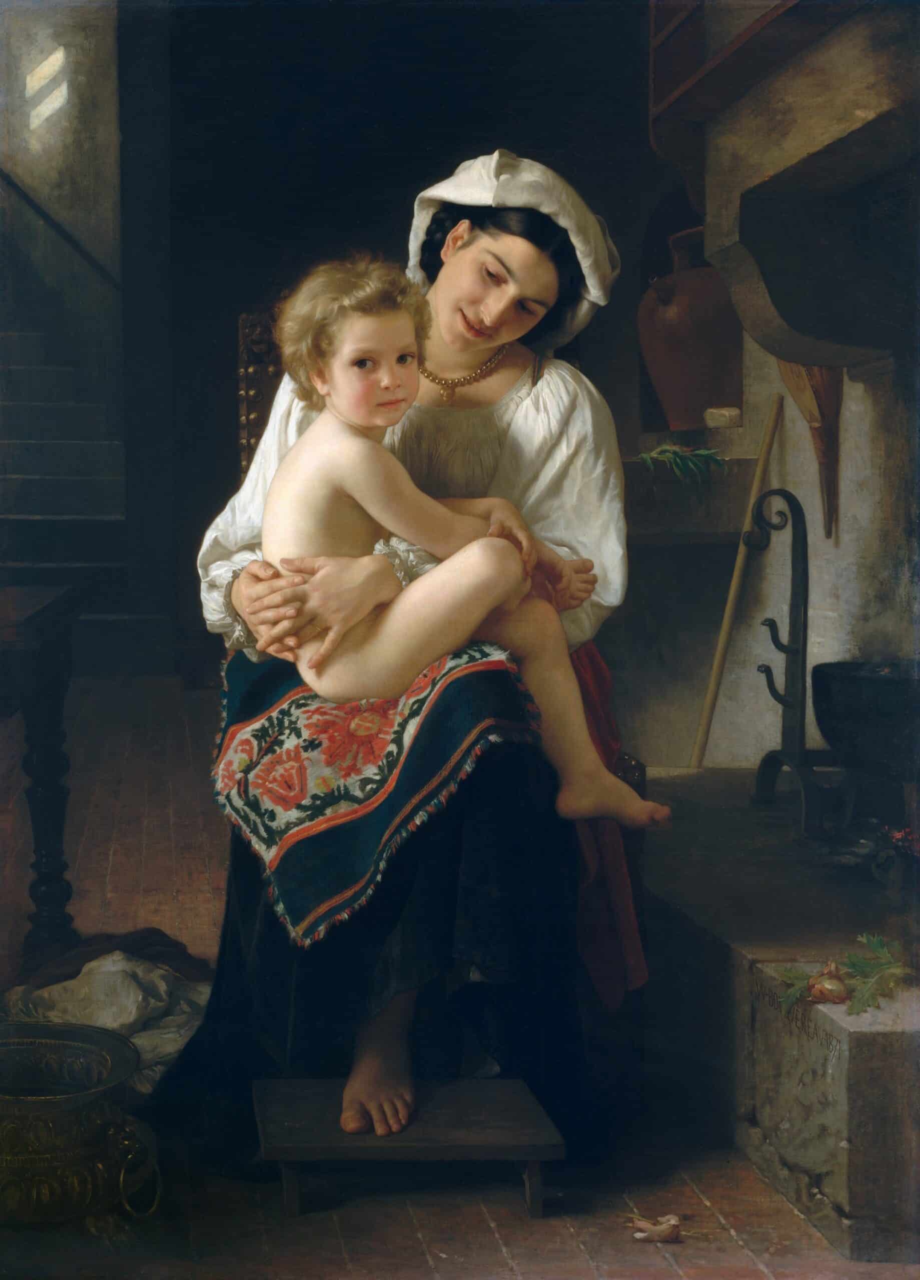 YOUNG MOTHER GAZING AT HER CHILD, by William Bouguereau, 1871, French painting, oil on canvas.