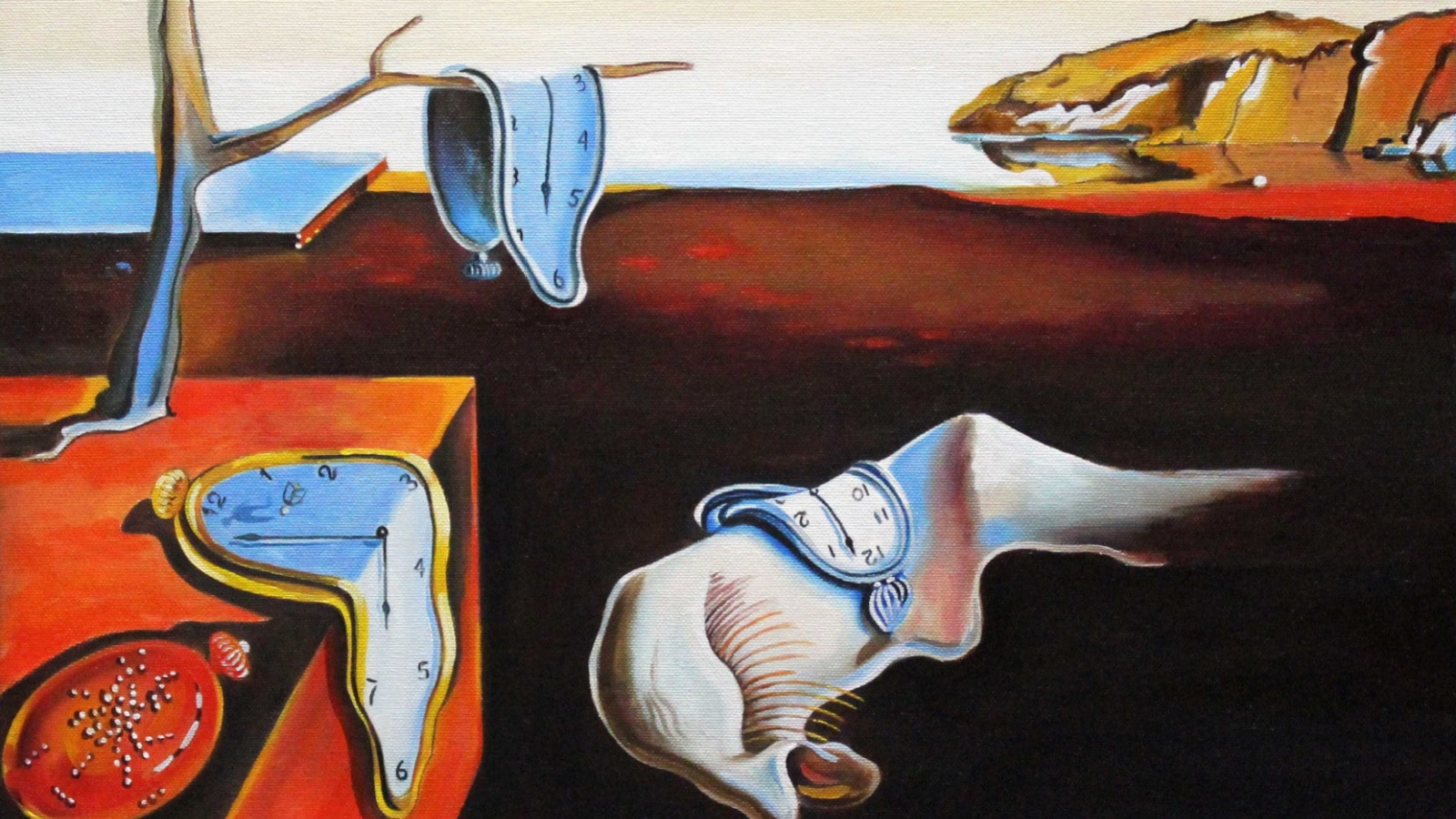 Reproduction of Dali's most famous painting, Persistence of Memory. 