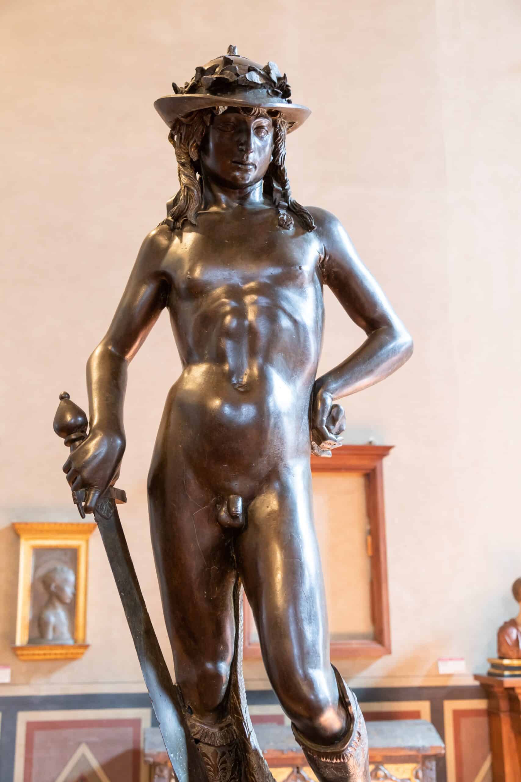 Donatello's Bronze statue of David on display in Florence, 2021.