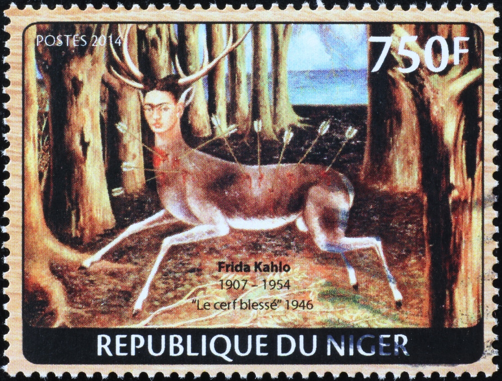 A stamp depicting one of Frida Khalo's most famous paintings, Wounded Deer.